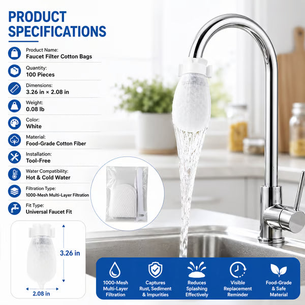 Universal Faucet Filter Bags — Hard Water Mineral, Rust & Sediment Traps with Splash-Proof Protection