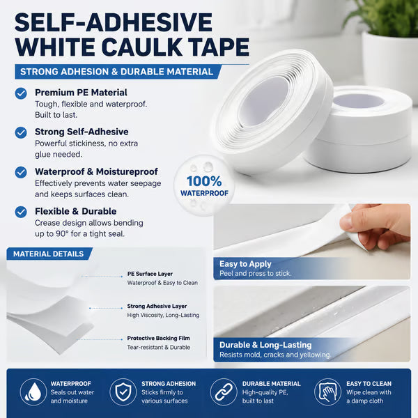 🚰 Self-Adhesive White Caulk Tape – Waterproof Sealant Strip