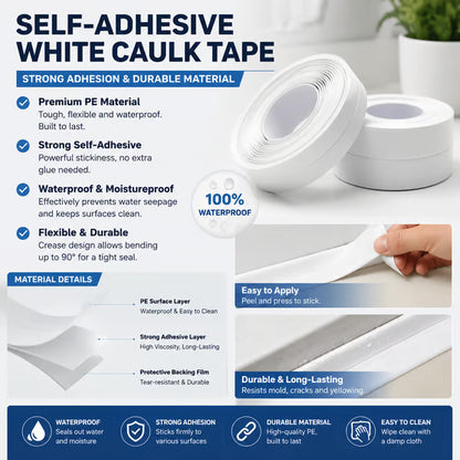 🚰 Self-Adhesive White Caulk Tape – Waterproof Sealant Strip